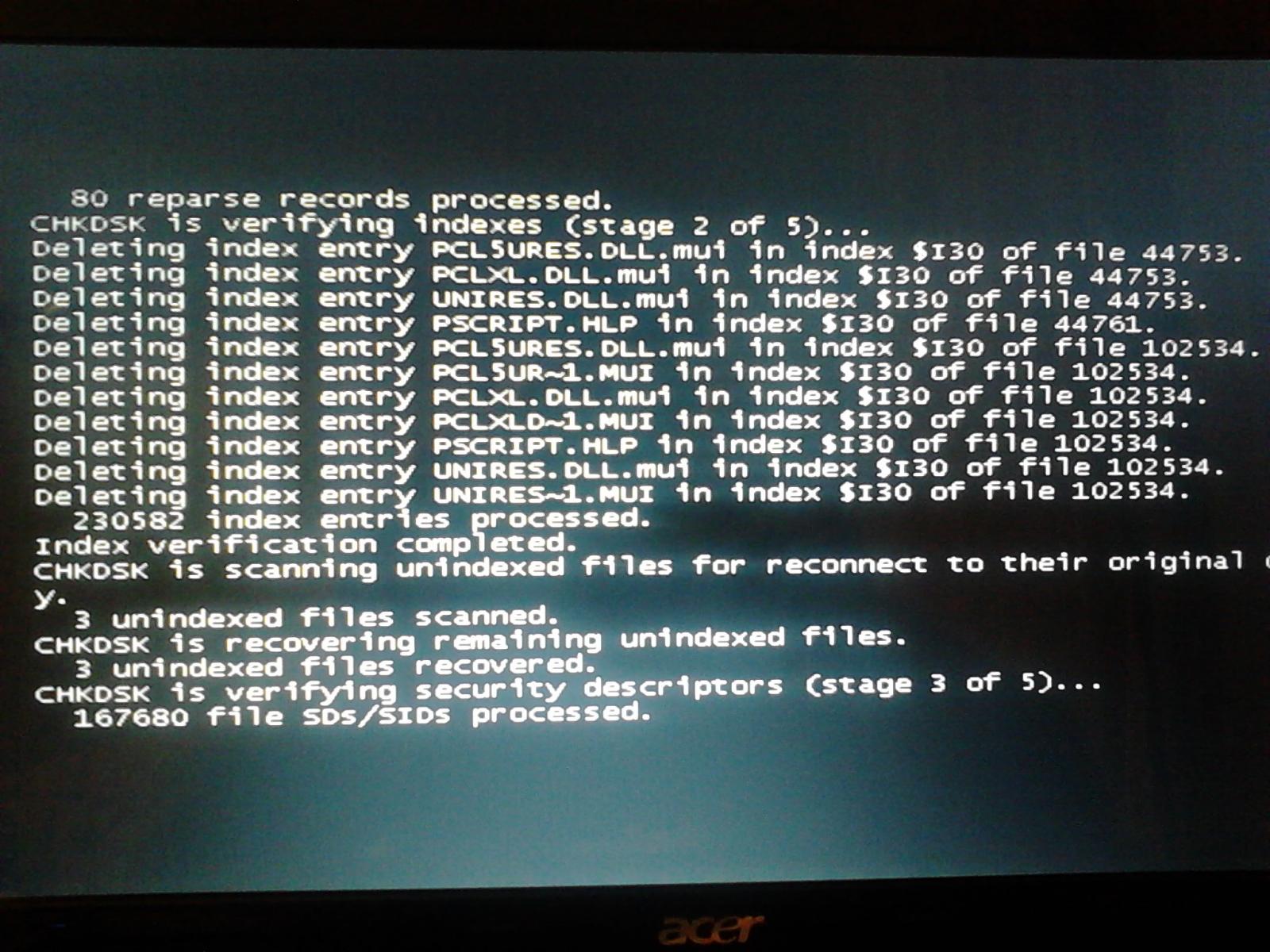 Checking file system on c. Index. 1. Deleting index. При вкючении компьютера висит чёрная табличка.